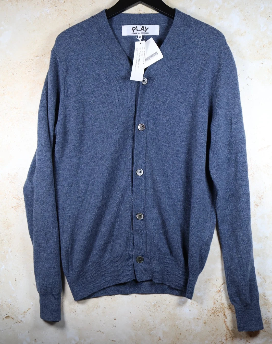 COMME des GARÇONS Play Heart Sleeve Wool Cardigan (Blue, Medium)