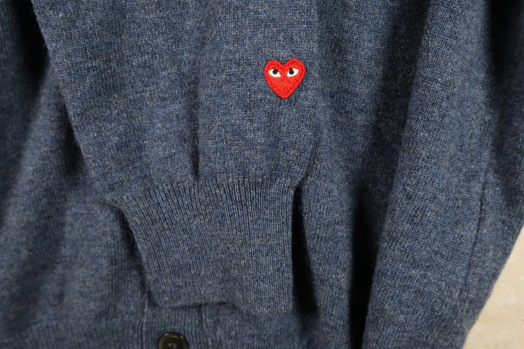 COMME des GARÇONS Play Heart Sleeve Wool Cardigan (Blue, Medium)