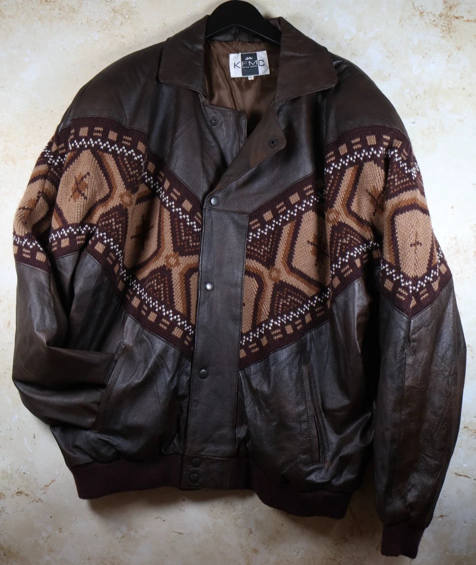 KFMC Vintage Button Up Leather Jacket with Aztec/Navajo Design