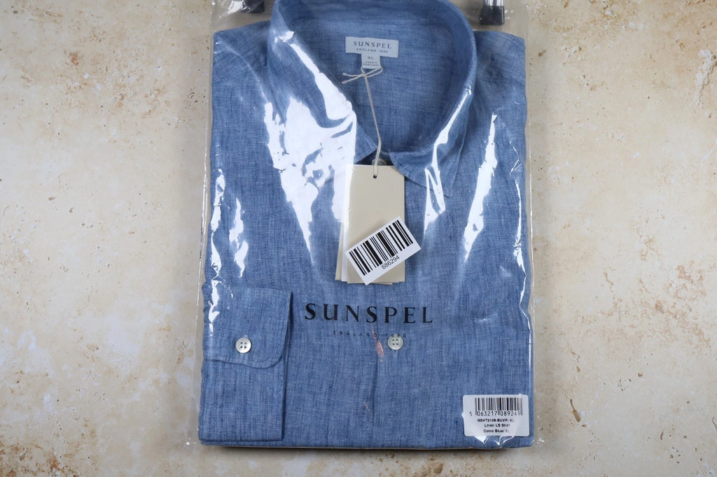 Sunspel Men's Long Sleeve Linen Shirt (Como Blue, XL)