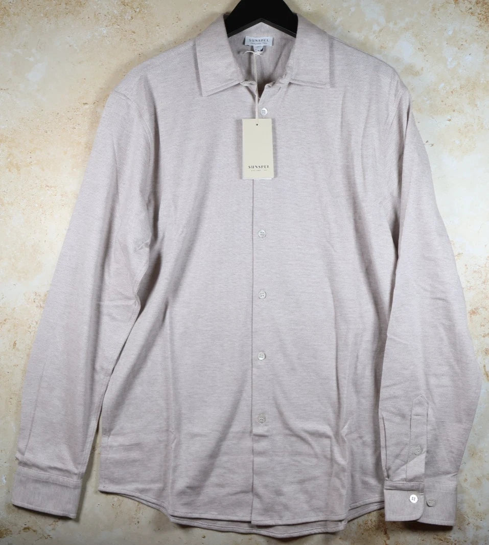 Sunspel Men's Pique Cashmere/Pima Cotton Jersey Shirt (Putty, Medium)