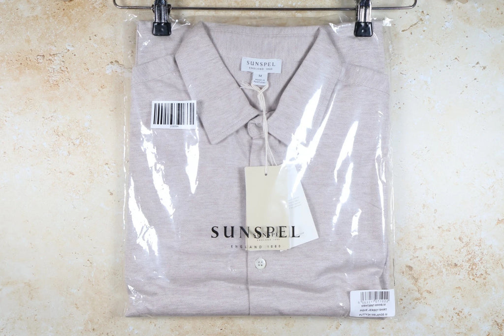 Sunspel Men's Pique Cashmere/Pima Cotton Jersey Shirt (Putty, Medium)