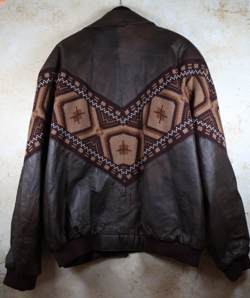 KFMC Vintage Button Up Leather Jacket with Aztec/Navajo Design