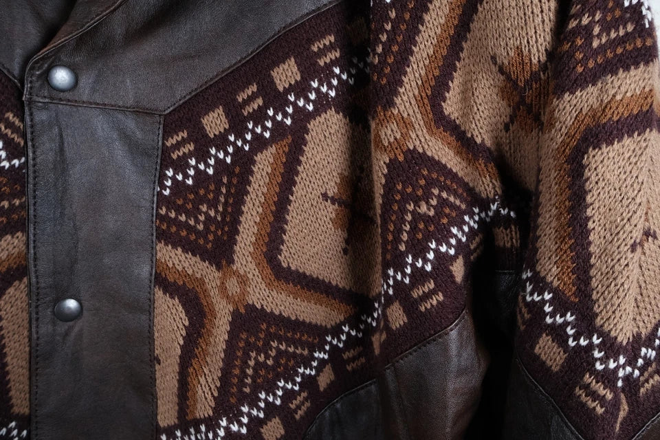 KFMC Vintage Button Up Leather Jacket with Aztec/Navajo Design