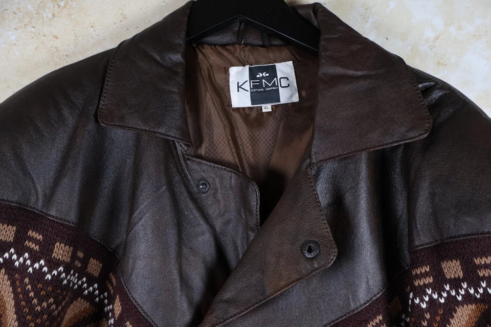 KFMC Vintage Button Up Leather Jacket with Aztec/Navajo Design