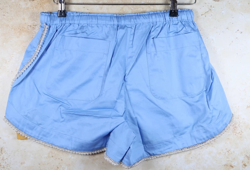 Sandro Women's Beaded Trim Cotton Shorts (Blue, Size 8)